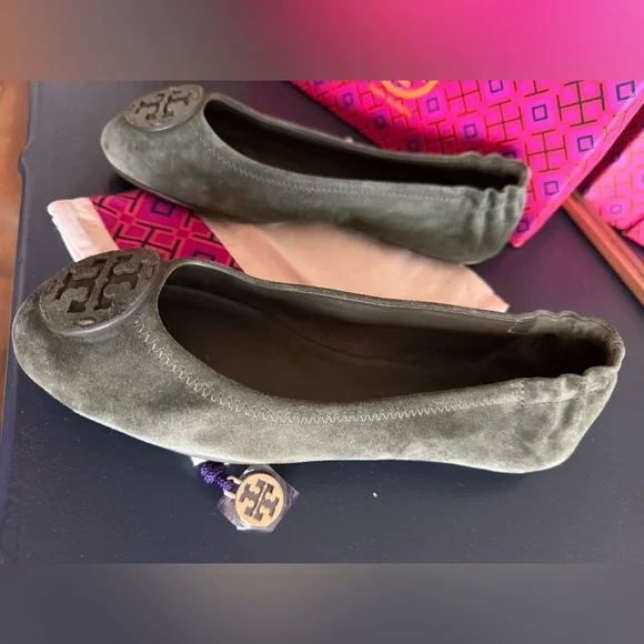 Tory Burch Minnie Travel Suede Green Flats - Picture 3 of 8